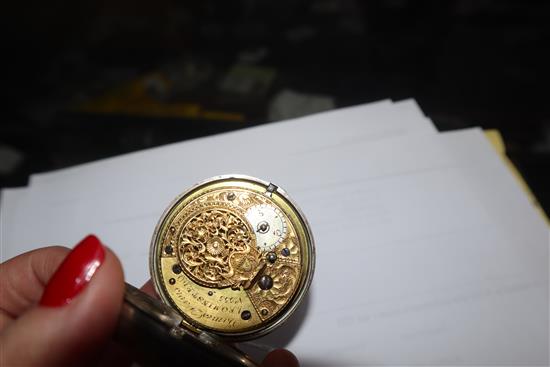 A George III silver pair-cased keywind verge pocket watch, James Davis, Leaminster, with enamelled Roman dial.